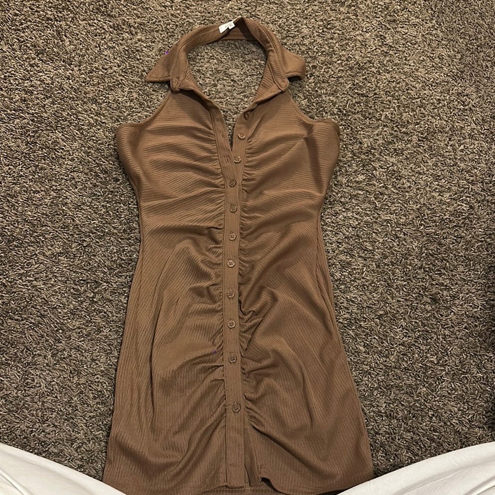 Brown Halter Neck Button-Up Dress